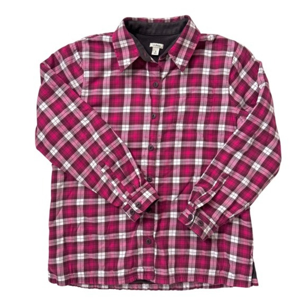 L.L. Bean Fleece Lined Plaid Flannel Shirt Jacket Shacket Medium Pink Button‎ Up